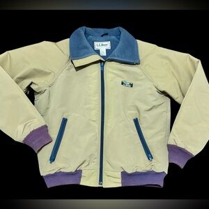 Vintage LL Bean Bomber Jacket Mens M Tan Purple Blue Fleece Collar USA Made